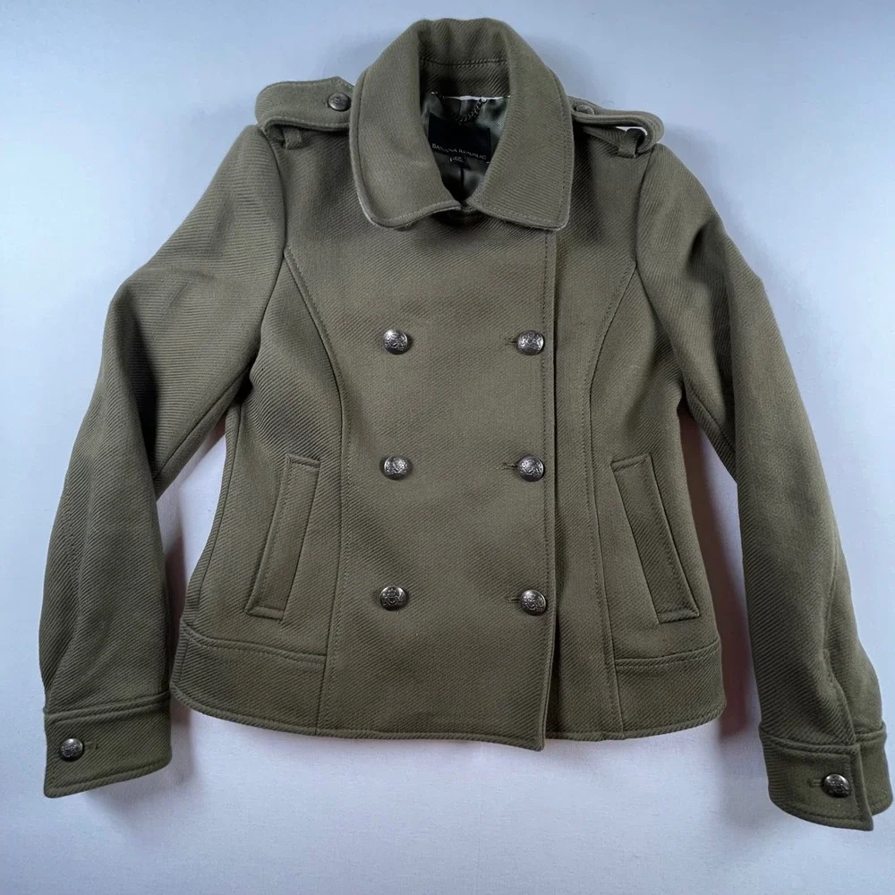 Banana Republic Military Double‎ Breasted Peacoat Olive Green Twill Jacket XS